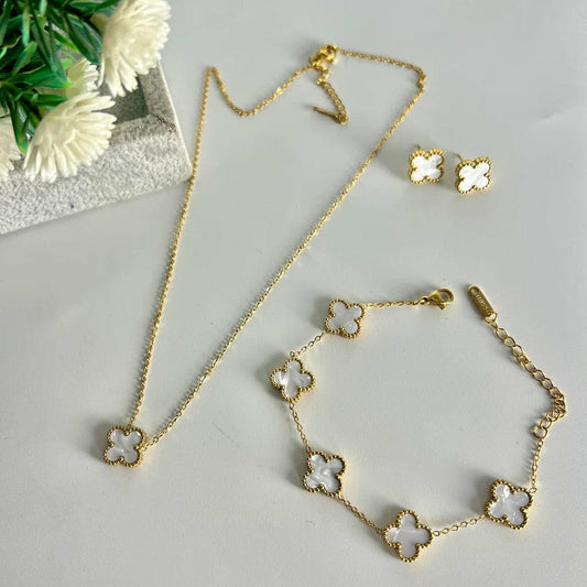 White Clover Jewelry Set – Elegant Necklace, Bracelet & Earrings